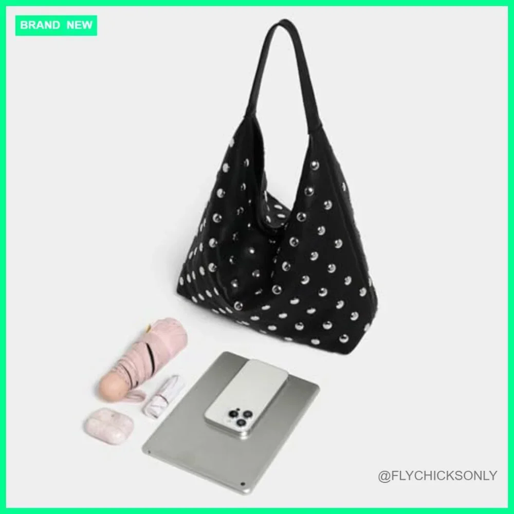 Studded Vegan Leather Hobo Bag Slouchy Shoulder Handbag Tote